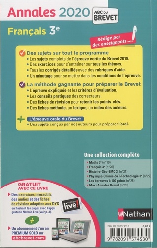 Français 3e. Sujets & corrigés  Edition 2020