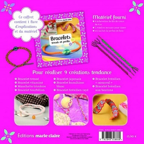 Bracelets tressés et perles. Avec 4 échevettes de fils de coton, 1 rond en mousse et 1 sachet de perles en bois