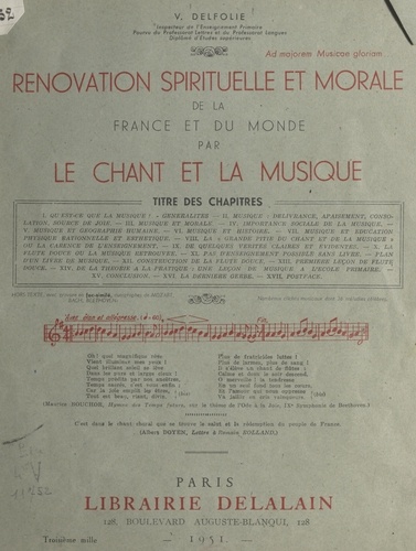 Rénovation spirituelle et morale de la France et du monde par le chant et la musique