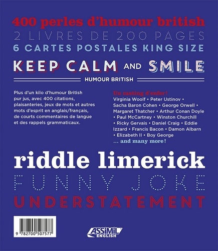 Keep calm and smile, humour british. Coffret en 2 volumes : Pop culture & Co ; Royals and other Kings ans Queens of humour. Avec 6 cartes postales King Size