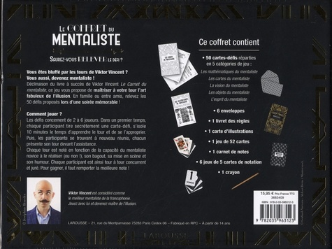 Le coffret du mentaliste. Saurez-vous relever le défi ? Contient 50 cartes-défis, 6 enveloppes, 1 livret de règles, 1 carte d'illustrations, 1 jeu de 52 cartes, 1 carnet de notes, 6 jeux de 5 cartes de notation, 1 crayon