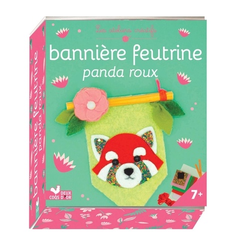 Bannière feutrine panda roux. Avec 2 baguettes, de la feutrine, 1 tube de colle, 1 pelote, 1 pompon et 2 yeux en plastique