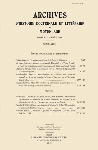  Vrin - Archives d'histoire doctrinale et littéraire du Moyen Age N° 85 : .