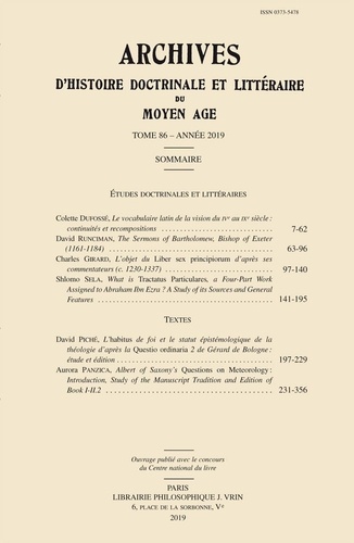  Vrin - Archives d'histoire littéraire et doctrinale du moyen âge - Tome 86.