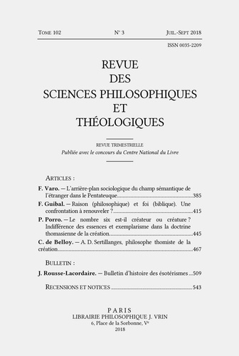  Vrin - Revue des sciences philosophiques et théologiques N° 102, juillet-septembre 2018 : .