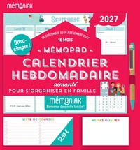 Mémopad calendrier hebdomadaire aimanté 2027 - 16 mois, septembre 2026 à décembre 2027
