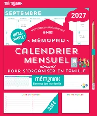 Mémopad calendrier mensuel aimanté 2027 - 16 mois, septembre 2026 à décembre 2027