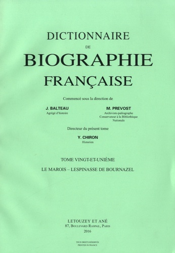 Yves Chiron - Dictionnaire de biographie française - Tome 21 Fascicules 121 à 126, Le Marois - Lespinasse de Bournazel.